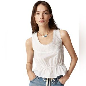 J. Crew Flutter Hem Tank in Cotton Poplin L White Lace Trim Floral Embroidered